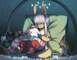  :3 absurdres animal_ears bunny_ears closed_mouth eyebrows_visible_through_hair furry highres kimyo lantern long_hair looking_at_another made_in_abyss mitty_(made_in_abyss) nanachi_(made_in_abyss) red_eyes sitting smile stuffed_animal stuffed_toy tail white_hair yellow_eyes 