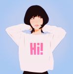  bangs black_hair blouse blue_background clothes_writing commentary_request hands_up ilya_kuvshinov long_sleeves looking_to_the_side looking_up original parted_lips short_hair simple_background smile solo white_blouse 