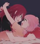  :d bang_dream! bangs bed_sheet black_shirt blue_eyes couple dark_room earrings eye_contact face-to-face green_eyes hand_on_another's_head hug jewelry long_hair looking_at_another low_twintails lying multiple_girls on_back on_person open_mouth orange_shirt pillow pink_hair re_ghotion red_hair shirt smile t-shirt twintails udagawa_tomoe uehara_himari v-shaped_eyebrows yuri 
