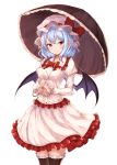  bat_wings black_legwear blue_hair blush bow bowtie breasts commentary cowboy_shot dress eyebrows_visible_through_hair frilled_dress frilled_legwear frilled_shirt_collar frills hat hat_bow highres holding holding_umbrella juliet_sleeves junior27016 long_sleeves looking_at_viewer medium_breasts mob_cap pink_dress pink_hat pointy_ears puffy_sleeves red_bow red_eyes red_neckwear remilia_scarlet short_hair simple_background smile solo standing thighhighs touhou umbrella white_background wings zettai_ryouiki 