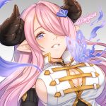  ahngkeut breasts bug butterfly cleavage detached_sleeves gradient gradient_background granblue_fantasy grey_background hair_ornament hair_over_one_eye horns insect large_breasts long_hair looking_at_viewer narmaya_(granblue_fantasy) parted_lips pink_hair pointy_ears purple_eyes shiny shiny_hair smile solo straight_hair teeth twitter_username upper_body 