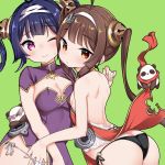  ;&gt; ahoge arched_back ass azur_lane bangs black_panties blue_hair blunt_bangs blush breasts brown_hair china_dress chinese_clothes cleavage cleavage_cutout commentary_request cowboy_shot dress dress_lift eyebrows_visible_through_hair green_background hairband hairpods hand_in_panties highres long_hair medium_breasts mojarin_(kihara_mojarin) multiple_girls ning_hai_(azur_lane) one_eye_closed panda panties ping_hai_(azur_lane) pink_eyes purple_dress red_dress red_eyes short_twintails side-tie_panties side_slit sideboob simple_background small_breasts string_panties sweatdrop twintails underwear very_long_hair white_panties 