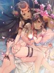  amaterasu_(shingeki_no_bahamut) arm_behind_head arm_garter bangs bare_shoulders blurry brown_hair closed_mouth commentary cup elrusa flower hair_flower hair_ornament highres leg_garter long_hair looking_at_another lying multiple_girls navel on_side open_mouth panties panty_pull petals pillow red_eyes shadowverse shingeki_no_bahamut short_hair smile teacup tsukuyomi_(shingeki_no_bahamut) underwear very_long_hair white_panties 