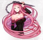  bare_shoulders chain collar collarbone detached_sleeves dress fate/stay_night fate_(series) long_hair looking_at_viewer nameless_dagger purple_eyes purple_hair rider solo spike square_pupils strapless strapless_dress upper_body very_long_hair ycco_(estrella) 
