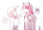  :d ^_^ animal animal_ears bang_dream! bow brown_jacket closed_eyes dog fang hair_bow hair_over_shoulder heart high-waist_skirt imagining jacket kemonomimi_mode long_hair long_sleeves low_twintails multiple_girls open_mouth petting pink_hair re_ghotion red_bow red_hair shirt simple_background sketch skirt smile spoken_heart sweatdrop tail twintails udagawa_tomoe uehara_himari white_background white_shirt wolf_ears wolf_tail 