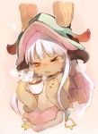  &gt;_o animal_ears blush bunny_ears fang food fujisawa_machi furry hot_chocolate long_hair looking_away made_in_abyss marshmallow nanachi_(made_in_abyss) one_eye_closed parted_lips solo upper_body white_hair yellow_eyes 