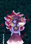  ascot blurry blurry_background bow brown_hair commentary_request cowboy_shot detached_sleeves flower gohei hair_bow hair_tubes hakurei_reimu highres kasoku_ac large_bow light_smile long_hair namesake object_namesake outdoors red_bow reimu_(flower) ribbon_trim skirt smile solo touhou 