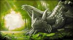  2018 absurd_res ambiguous_gender avian bird chromamancer claws day detailed_background digital_media_(artwork) dragon feral grey_scales group hi_res horn membranous_wings outside scales scalie sky smile solo tree western_dragon wings 