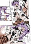  1boy 1girl armlet bracelet censored clothed_sex english_text euryale fate/grand_order fate/hollow_ataraxia fate_(series) headband hetero male_pubic_hair moaning navel nipples open_mouth pov pubic_hair purple_eyes purple_hair pussy_juice saliva sequential sex sweat tears text third-party_edit twintails vaginal white_dress 