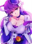  animal_ears breasts cat_ears cat_tail choker cleavage cure_macaron earrings elbow_gloves extra_ears eyebrows_visible_through_hair food_themed_hair_ornament gloves hair_ornament jewelry kirakira_precure_a_la_mode kotozume_yukari large_breasts long_hair looking_at_viewer macaron_hair_ornament magical_girl negom precure purple_choker purple_eyes purple_hair simple_background solo tail white_background white_gloves 