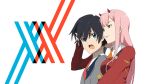  1girl black_hair blue_eyes chocomomiji929 commentary_request couple darling_in_the_franxx green_eyes highres hiro_(darling_in_the_franxx) horns hug hug_from_behind lips long_hair military military_uniform necktie orange_neckwear pink_hair red_neckwear uniform zero_two_(darling_in_the_franxx) 