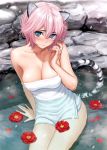 3: absurdres animal_ears arm_support bangs bare_shoulders blue_eyes blush breasts camellia cleavage collarbone flower hair_between_eyes highres homunculus_(artist) large_breasts lips looking_at_viewer naked_towel navel partially_submerged petals pink_hair scan short_hair sitting solo tail tiger_ears tiger_tail toranoana towel water wet 