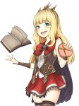  :d aqua_eyes bangs black_cape black_legwear blonde_hair blunt_bangs blush book bow cagliostro_(granblue_fantasy) cape cowboy_shot floating_book granblue_fantasy hairband heart long_hair looking_at_viewer moshi_(atelier33-4) open_mouth red_bow red_skirt simple_background skirt sleeveless smile solo thighhighs troll_face vambraces white_background zettai_ryouiki 