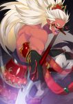  armor attacking_viewer fangs gold_trim highres japanese_armor long_hair male_focus mask oni open_mouth orange_eyes original pointy_ears polearm ponytail red_oni red_skin samurai10932 sideburns solo spear weapon white_hair yari 
