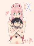  aqua_eyes black_hair breasts character_doll commentary_request couple darling_in_the_franxx doll green_eyes highres hiro_(darling_in_the_franxx) holding horns long_hair medium_breasts nakoya_(nane_cat) nude pink_hair signature solo zero_two_(darling_in_the_franxx) 