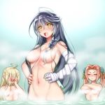  black_hair blonde_hair blush breasts eleanor_hume embarrassed folks_(nabokof) genderswap green_eyes hair_between_eyes long_hair magilou_(tales) multiple_girls nude onsen personality_switch pointy_ears red_hair simple_background small_breasts smile tales_of_(series) tales_of_berseria twintails velvet_crowe very_long_hair water 