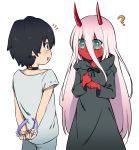  1girl ? arms_behind_head black_cloak black_hair blue_hairband blush bow cloak collar commentary couple daisy darling_in_the_franxx english_commentary flower green_eyes grey_shirt hairband highres hiro_(darling_in_the_franxx) hood hooded_cloak horns k_016002 long_hair looking_at_another oni_horns pink_hair red_horns red_pupils red_skin shirt white_flower zero_two_(darling_in_the_franxx) 