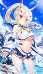  arm_strap armpits ayanami_(azur_lane) azur_lane bandaid_on_arm bangs bare_shoulders belt blue_sky blush breasts buckle closed_mouth cloud commentary_request cowboy_shot day eyebrows_visible_through_hair floating_hair groin hair_between_eyes hair_ornament hand_up headgear highres holding holding_sword holding_weapon long_hair looking_at_viewer microskirt narae navel no_bra pinky_out pleated_skirt ponytail red_eyes remodel_(azur_lane) rigging rudder_shoes school_uniform serafuku shiny shiny_skin shirt sidelocks silver_hair skirt sky solo splashing standing stomach sword thighhighs thighs underboob wading water_drop weapon white_legwear white_shirt wide_sleeves wind wind_lift 