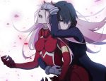  1girl black_hair blue_eyes commentary_request couple darling_in_the_franxx fangs gloves hand_on_another's_head highres hiro_(darling_in_the_franxx) horns hug hug_from_behind leje39 long_hair pilot_suit pink_hair white_gloves zero_two_(darling_in_the_franxx) 