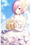  absurdres blue_sky blush bouquet bridal_gauntlets bridal_veil cloud cloudy_sky cowboy_shot day dress elbow_gloves fate/grand_order fate_(series) flower gloves hair_over_one_eye haru_(hiyori-kohal) highres holding holding_bouquet huge_filesize mash_kyrielight open_mouth outdoors purple_eyes purple_hair scan short_hair sky smile solo veil wedding_dress white_dress white_gloves 