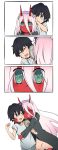  1girl :d ;d ^_^ absurdres black_cloak black_hair blue_eyes blush cloak closed_eyes commentary couple daisy darling_in_the_franxx flower green_eyes happy highres hiro_(darling_in_the_franxx) holding_mirror hood hooded_cloak horns hug k_016002 long_hair mirror one_eye_closed oni_horns open_mouth pink_hair red_horns red_pupils red_sclera smile spoilers white_flower zero_two_(darling_in_the_franxx) 