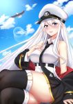  azur_lane bald_eagle belt bird black_belt black_coat black_neckwear blue_sky breasts cloud cloudy_sky coat collared_shirt commentary_request crossed_legs day eagle enterprise_(azur_lane) eyebrows_visible_through_hair hat highres large_breasts leng_xiao long_hair md5_mismatch military miniskirt necktie open_clothes open_coat peaked_cap purple_eyes shirt silver_hair skirt sky sleeveless sleeveless_shirt solo thighhighs underbust white_hat zettai_ryouiki 