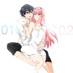  1girl bad_id bad_pixiv_id barefoot black_hair blue_eyes commentary_request couple darling_in_the_franxx dress green_eyes hiro_(darling_in_the_franxx) holding_hands horns hug hug_from_behind long_hair looking_at_another looking_back onoda_ns pink_hair shirt sitting white_dress white_shirt zero_two_(darling_in_the_franxx) 
