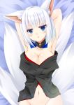  animal_ear_fluff animal_ears armpits arms_up azur_lane bangs bare_arms bare_shoulders black_kimono blue_eyes blush breasts cleavage collarbone commentary_request eyebrows_visible_through_hair fox_ears fox_girl fox_tail groin head_tilt japanese_clothes kaga_(azur_lane) kimono kitsune large_breasts looking_at_viewer lying navel noname_(reticulian) on_back out-of-frame_censoring parted_lips short_hair short_kimono silver_hair solo tail 