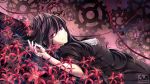  black black_hair chinese_clothes long_hair necklace purple_eyes red_flowers tears water 