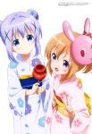  absurdres blue_eyes blue_hair candy_apple food gochuumon_wa_usagi_desu_ka? hair_bun hair_ornament highres holding holding_food hoto_cocoa japanese_clothes kafuu_chino kimono magazine_scan mask mask_on_head megami multiple_girls obi official_art ogawa_akane open_mouth orange_hair purple_eyes sash scan smile v white_background yukata 