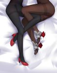  absurdres bed_sheet black_footwear bodystocking character_request commentary_request covered_navel high_heels highres leg_between_thighs legs lower_body lying multiple_girls no_pants on_side red_footwear rudder_shoes thighs ze_(wzfnn001) zhan_jian_shao_nyu 