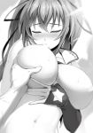  blush breast_grab breast_sucking breasts closed_eyes detached_sleeves eyebrows_visible_through_hair grabbing greyscale hair_between_eyes hair_ribbon highres huge_breasts long_hair monochrome naruse_mio navel novel_illustration nude official_art ookuma_(nitroplus) ponytail resized ribbon self_breast_sucking shinmai_maou_no_testament star star_print upper_body upscaled 