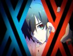  1girl black_hair blood blood_on_face blue_eyes commentary_request darling_in_the_franxx fang film_grain hair_between_eyes hair_over_one_eye highres hiro_(darling_in_the_franxx) holding leje39 long_hair looking_back male_focus parted_lips pink_hair zero_two_(darling_in_the_franxx) 