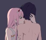  1girl black_hair blood claws commentary couple darling_in_the_franxx english_commentary fang green_eyes hairband hand_on_another's_head hiro_(darling_in_the_franxx) horns hug k_016002 licking long_hair nightgown oni_horns pink_hair red_horns shirtless vampire white_hairband white_nightgown zero_two_(darling_in_the_franxx) 