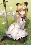  ahoge arm_support artoria_pendragon_(all) bangs bare_shoulders black_footwear black_legwear black_ribbon blonde_hair bow breasts bug butterfly caliburn cleavage day detached_collar dress fate/unlimited_codes fate_(series) flower full_body gloves grass green_eyes hair_flower hair_ornament hair_ribbon high_heels highres insect kouzuki_kei lily_(flower) long_hair looking_at_viewer open_mouth outdoors outstretched_arm pantyhose ponytail ribbon round_teeth saber_lily shoes signature sitting small_breasts smile solo sword teeth tsurime weapon white_dress white_gloves yokozuwari 