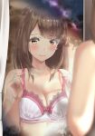  bangs blurry blush bra breasts brown_eyes brown_hair closed_mouth commentary_request curtains depth_of_field eyebrows_visible_through_hair hands_up indoors kinugasa_yuuichi lace_trim lips mirror night original reflection small_breasts smile solo underwear white_bra 