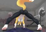  anthro athletic breasts butt camel_toe clothed clothing digimon female gym looking_at_viewer renamon solo sunhuiz topless under_boob yoga_pants 
