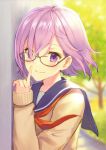  absurdres bangs blurry blush closed_mouth day depth_of_field eyebrows_visible_through_hair fate/grand_order fate_(series) glasses hair_over_one_eye haru_(hiyori-kohal) highres huge_filesize index_finger_raised looking_at_viewer mash_kyrielight neckerchief outdoors purple_eyes purple_hair red_neckwear scan school_uniform serafuku short_hair smile solo sweater upper_body 