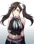  alternate_costume belt black_hair collar commentary_request frills gloves green_eyes hair_ribbon highres kio_rojine navel neo_(rwby) ribbon rwby sleeveless smile solo twintails 