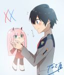  black_hair blue_eyes blush character_doll commentary_request darling_in_the_franxx doll green_eyes hairband highres hiro_(darling_in_the_franxx) holding holding_doll horns long_hair male_focus military military_uniform nakoya_(nane_cat) oni_horns pantyhose pink_hair red_horns signature solo uniform white_hairband zero_two_(darling_in_the_franxx) 