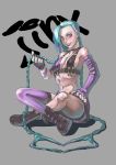  1girl arm_tattoo belt bikini_top blue_hair blush boots braid brown_gloves bullets choker fingerless_gloves fishnet_legwear fishnets gloves jinx_(league_of_legends) league_of_legends middle_finger pink_eyes single_thighhigh small_breasts smile standing tattoo thigh_strap twin_braids very_long_hair 