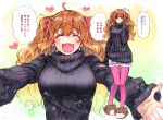  :d ahoge animal_slippers bear_slippers black_sweater blush breasts closed_eyes commentary_request idolmaster idolmaster_cinderella_girls incoming_hug medium_breasts moroboshi_kirari multiple_views open_mouth orange_eyes orange_hair outstretched_arms pantyhose pink_legwear ribbed_sweater shorts sketch sleeves_past_wrists slippers smile sweater takanashi_ringo translation_request turtleneck turtleneck_sweater twintails wavy_hair 