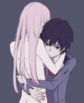  1girl black_hair blue_eyes blush clothed_male_nude_female commentary couple darling_in_the_franxx english_commentary hetero hiro_(darling_in_the_franxx) horns hug k_016002 long_hair military military_uniform nude pink_hair sad uniform zero_two_(darling_in_the_franxx) 