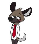  aggressive_retsuko anthro black_fur black_nose brown_fur cheek_tuft clothed clothing dress_shirt eyebrows fully_clothed fur grey_bottomwear grey_tail haida half-closed_eyes hands_in_pockets head_tuft hyena inner_ear_fluff looking_at_viewer male mammal multicolored_fur necktie open_mouth open_smile pants portrait rotten_robbie sanrio shirt simple_background smile solo standing teeth three-quarter_portrait tuft two_tone_fur white_background white_topwear 