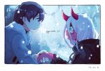  1girl black_hair blue_eyes coat commentary_request couple darling_in_the_franxx fur_trim green_eyes grey_coat highres hiro_(darling_in_the_franxx) horns ki_on long_hair looking_at_another parka pink_hair red_skin snowing spoilers zero_two_(darling_in_the_franxx) 