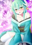  :d bangs bare_shoulders blush breasts cleavage collarbone commentary_request dragon_horns eyebrows_visible_through_hair fate/grand_order fate_(series) green_hair green_kimono hair_between_eyes hair_ornament head_tilt horns japanese_clothes kimono kiyohime_(fate/grand_order) long_hair long_sleeves medium_breasts noname_(reticulian) obi off_shoulder open_mouth sash sidelocks sitting smile solo thighhighs very_long_hair white_legwear wide_sleeves yellow_eyes 
