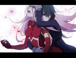  1girl black_hair blue_eyes commentary_request couple darling_in_the_franxx fangs gloves hand_on_another's_head highres hiro_(darling_in_the_franxx) hug hug_from_behind leje39 long_hair pilot_suit pink_hair white_gloves zero_two_(darling_in_the_franxx) 