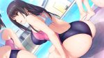  ass black_hair blue_sky breasts brown_eyes competition_swimsuit day dutch_angle eyebrows_visible_through_hair from_behind game_cg iizuki_tasuku kisaragi_maaya large_breasts lips long_hair multiple_girls one-piece_swimsuit onee-chan_no_yuuwaku open_mouth outdoors poolside sidelocks sky smile soaking_feet swimsuit wet 