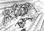  commentary_request crowbar_(transformers) decepticon full_body greyscale highres lineart monochrome no_humans oohara_tetsuya running smile solo tentacles transformers 