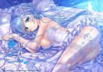  artist_name ass bare_shoulders bed blue_eyes blue_flower blue_hair blue_nails blue_rose blush bound bound_wrists breasts bridal_gauntlets closed_mouth curtains dress elbow_gloves emori_miku emori_miku_project feet_out_of_frame fingernails flower garter_straps gloves hair_flower hair_ornament hair_spread_out lace lace_gloves lace_legwear large_breasts light_rays long_hair looking_at_viewer lying nail_polish on_bed on_side panties petals pillow purple_flower purple_rose ribbon rose rose_petals sakura_moyon smile solo thighhighs underwear very_long_hair watermark white_dress white_legwear white_panties white_ribbon 